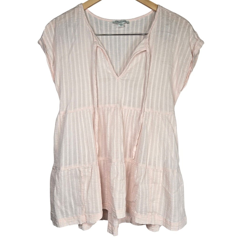 American Eagle Pink Striped Gauze Tiered Babydoll Top M 2105472642